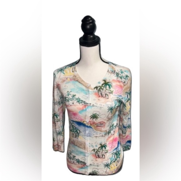Talbots Palm Tree Print 3/4 Sleeve - Picture 1 of 6